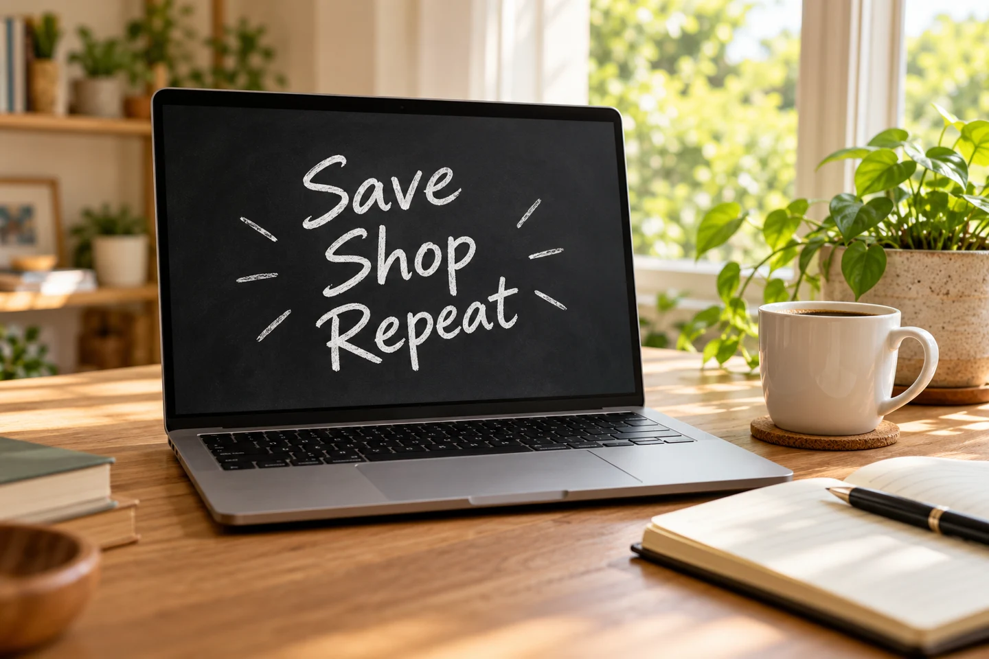 Laptop, notebook and coffee on a sunny desk, with Save Shop Repeat on the screen